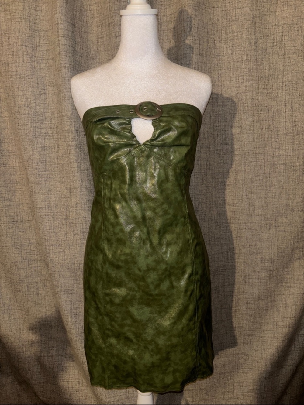 Strapless Olive Green Faux-Leather Mini Dress with Buckle Detail